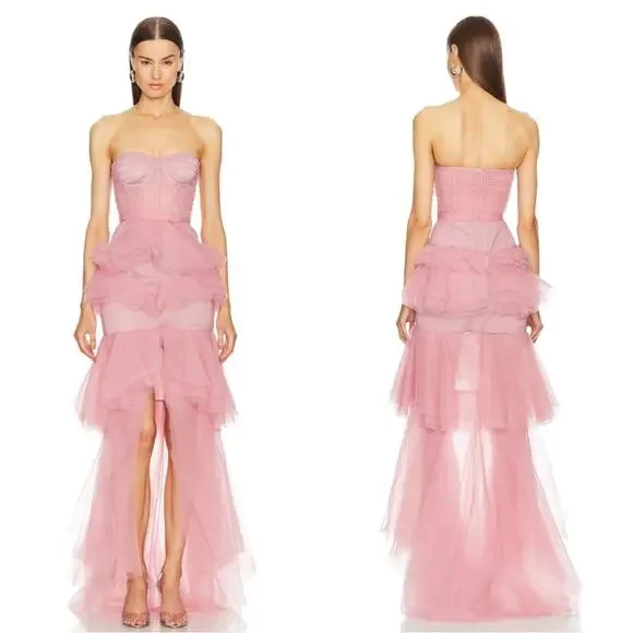 MICHAEL COSTELLO Alai Strapless Tiered Tulle Maxi Gown in Mauve Pink Size XS - Picture 1 of 11